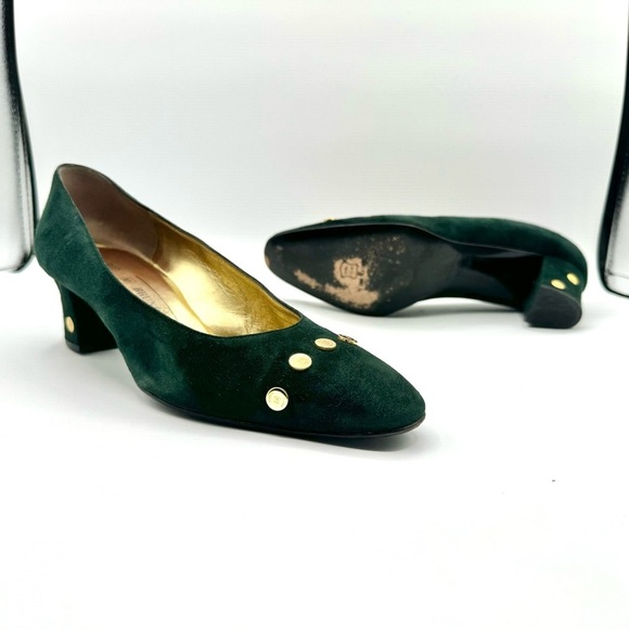 BRUNO MAGLI GREEN LEATJER PUMP 80s VINTAGE HEELS BLOCK HEELS CHUNKY HEELS 38.5 - Picture 9 of 12